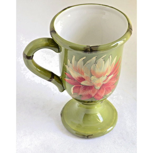 MUG WITH PEDESTAL FOOT-RAYMOND WAITES-Green-Orange Yellow Flower-Holds 12 oz - Picture 2 of 7